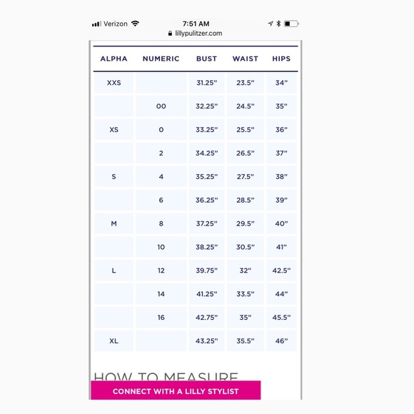 Lilly Pulitzer Woman’s Size Chart - Picture 1 of 1